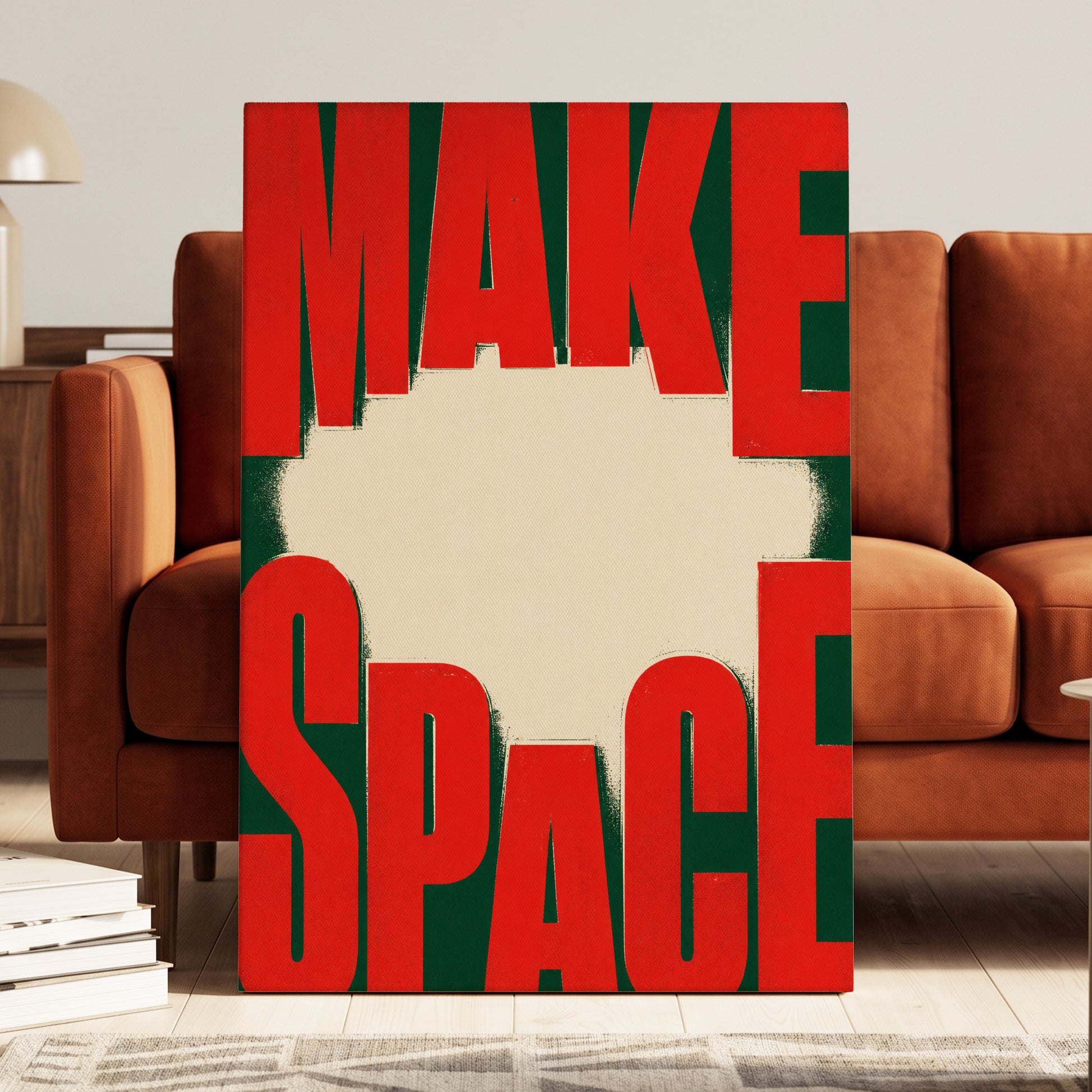 Make Space, Make Impact, red, green, beige minimalist wall art on canvas displayed in a styled interior, gallery view 1