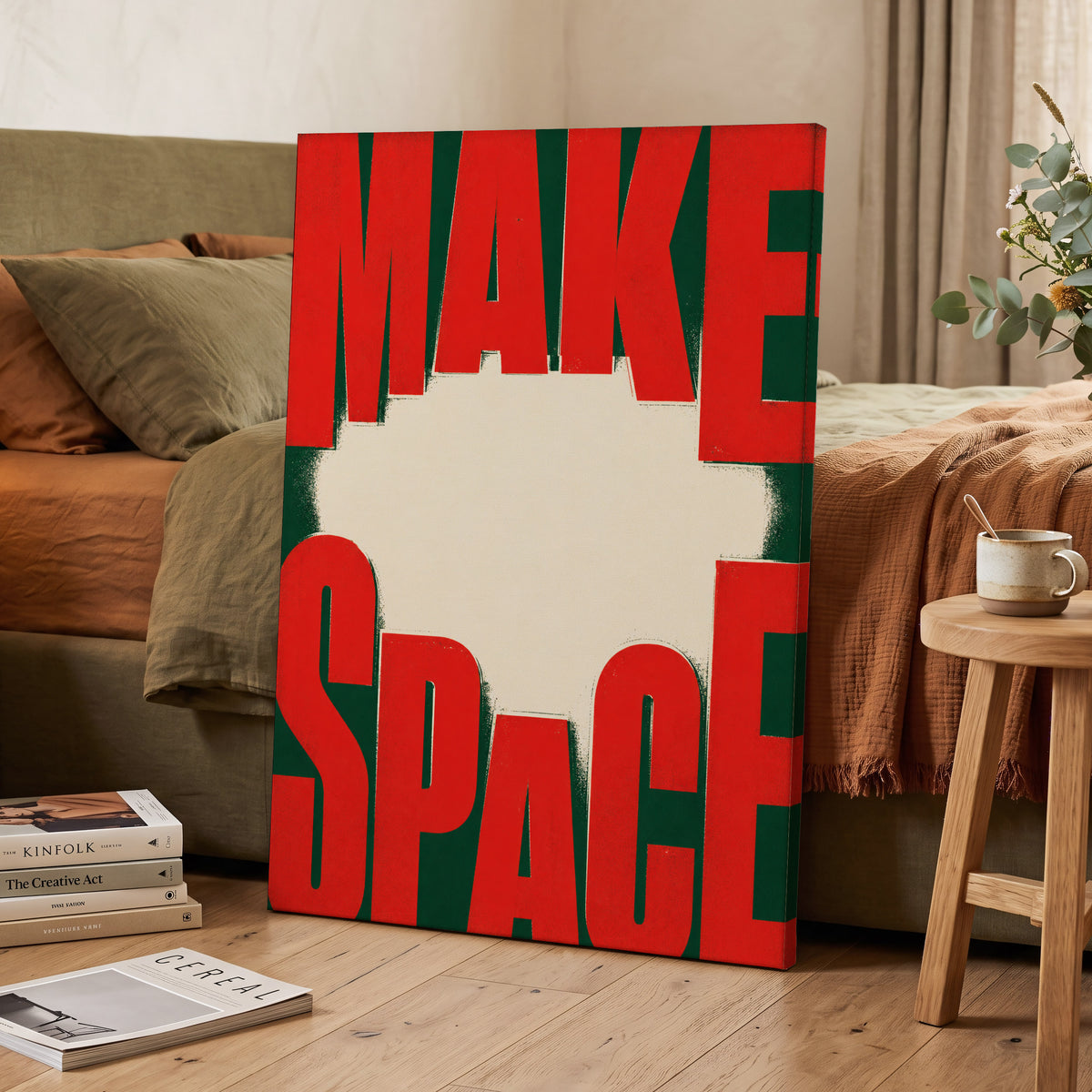 Make Space, Make Impact, red, green, beige minimalist wall art on canvas displayed in a styled interior, gallery view 2