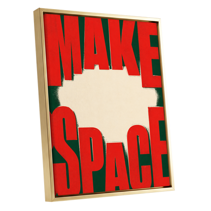 Make Space, Make Impact, red, green, beige minimalist wall art shown as a gold framed canvas wall art