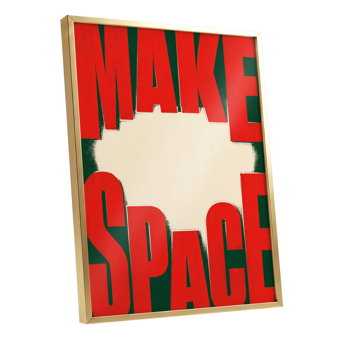 Make Space, Make Impact, red, green, beige minimalist wall art shown as a gold framed poster wall art print
