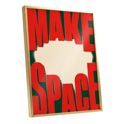 Make Space, Make Impact, red, green, beige minimalist wall art shown as a gold framed poster wall art print