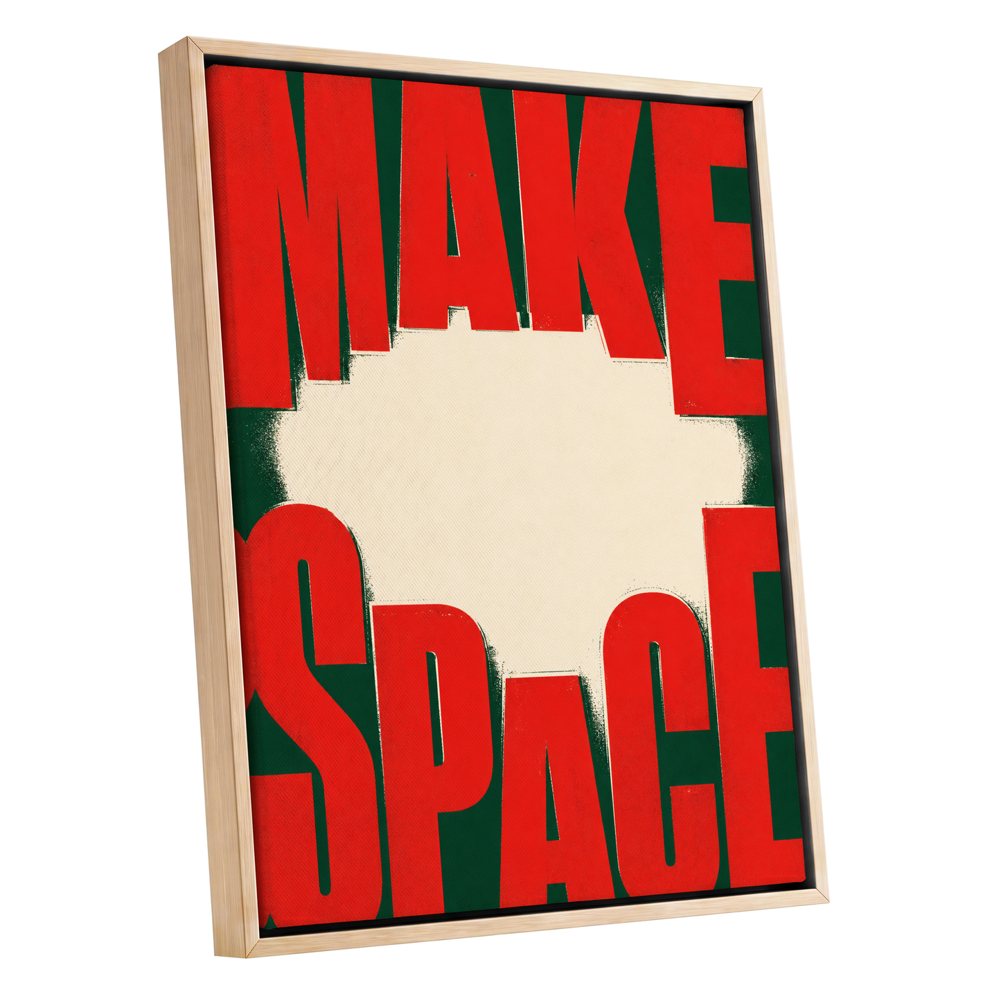 Make Space, Make Impact, red, green, beige minimalist wall art shown as a oak framed canvas wall art