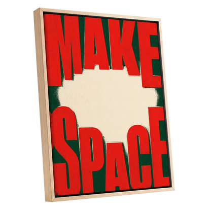 Make Space, Make Impact, red, green, beige minimalist wall art shown as a oak framed canvas wall art