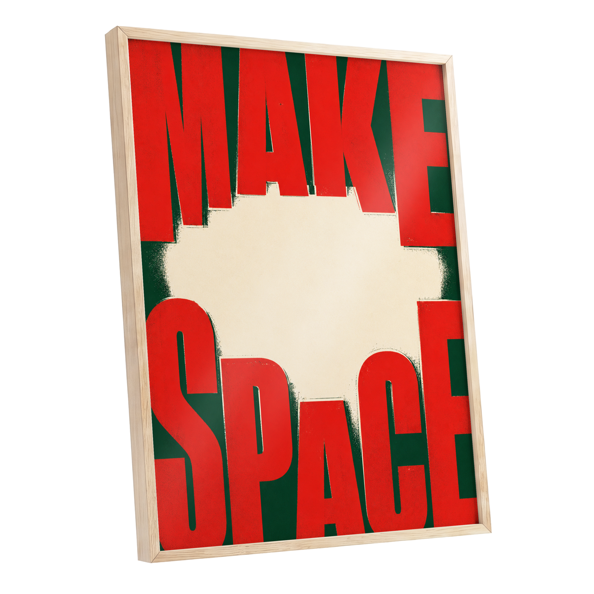 Make Space, Make Impact, red, green, beige minimalist wall art shown as a oak framed poster wall art print