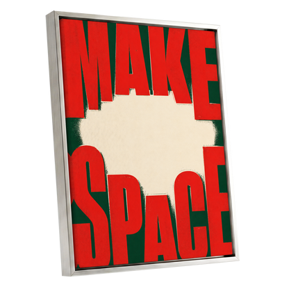 Make Space, Make Impact, red, green, beige minimalist wall art shown as a silver framed canvas wall art