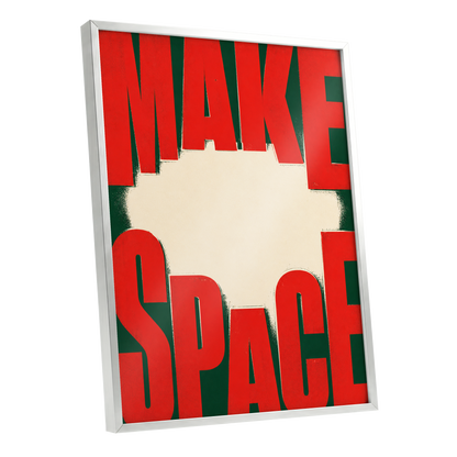 Make Space, Make Impact, red, green, beige minimalist wall art shown as a silver framed poster wall art print