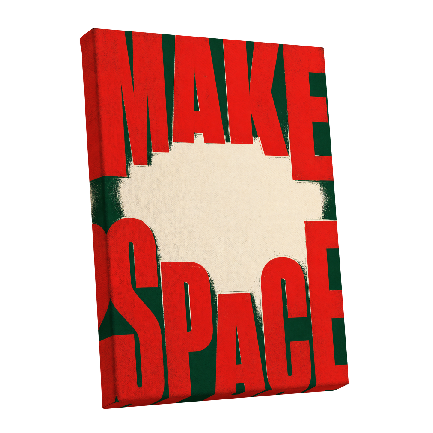 Make Space, Make Impact, red, green, beige minimalist wall art shown as a stretched canvas wall art