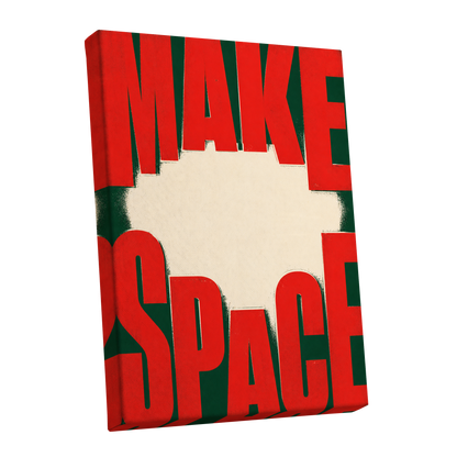 Make Space, Make Impact, red, green, beige minimalist wall art shown as a stretched canvas wall art