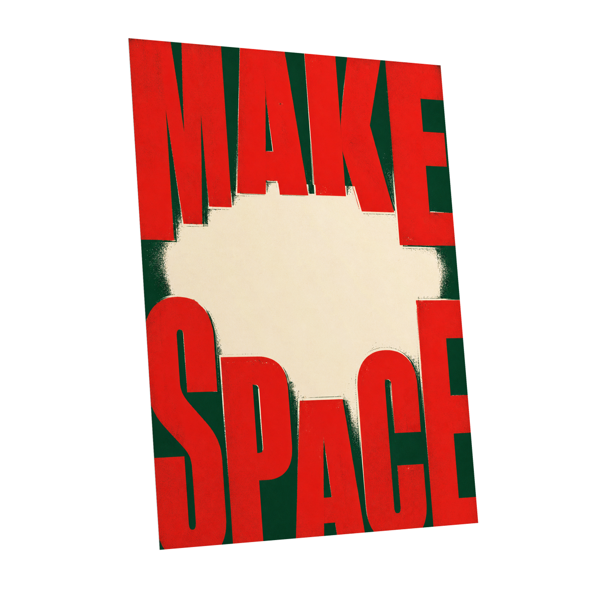 Make Space, Make Impact, red, green, beige minimalist wall art shown as a unframed poster wall art print