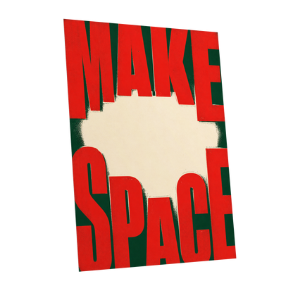 Make Space, Make Impact, red, green, beige minimalist wall art shown as a unframed poster wall art print