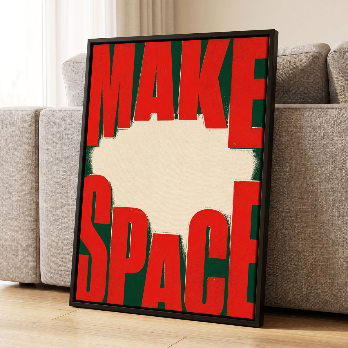 Make Space, Make Impact, red, green, beige minimalist wall art displayed in a styled interior, gallery view 1