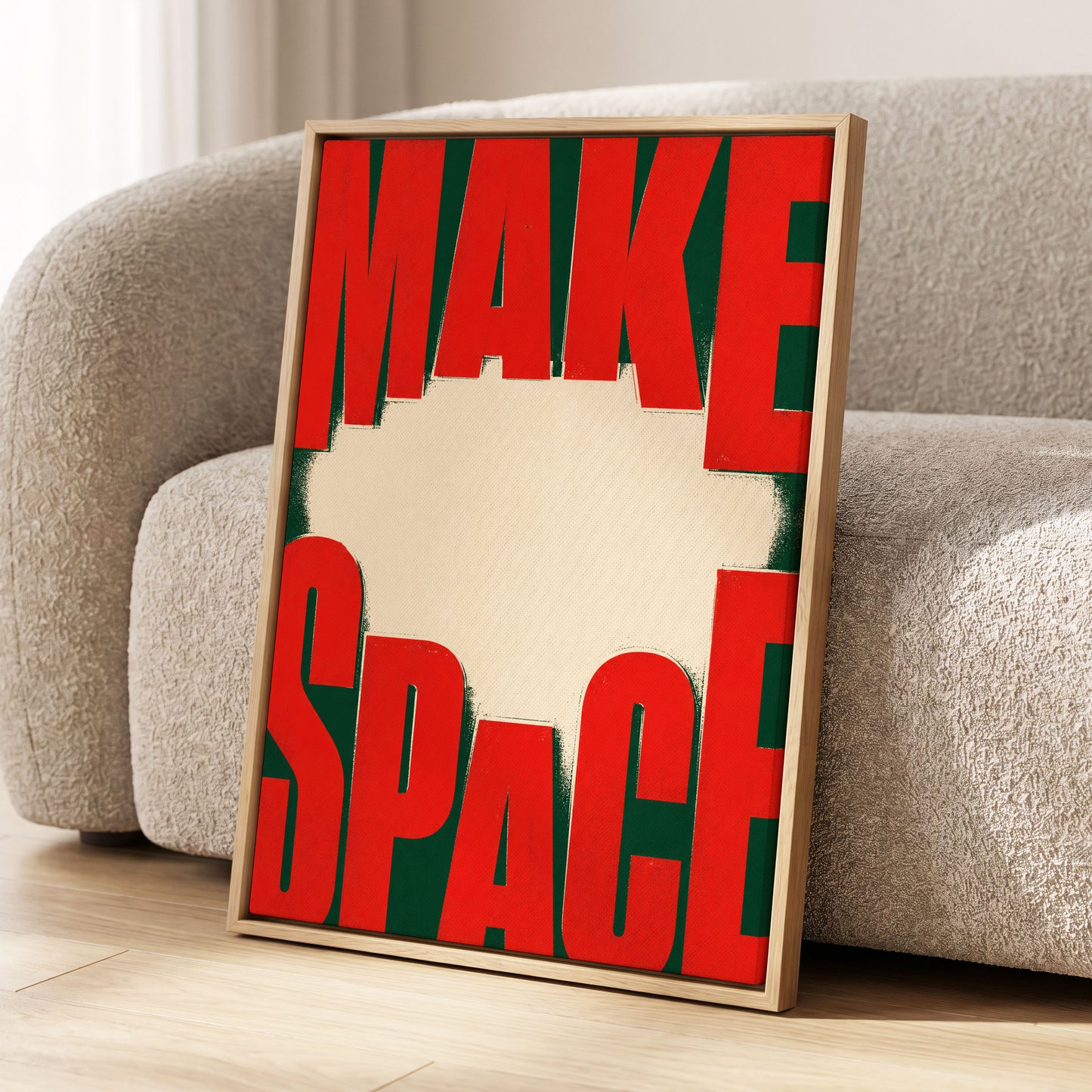 Make Space, Make Impact, red, green, beige minimalist wall art displayed in a styled interior, gallery view 2
