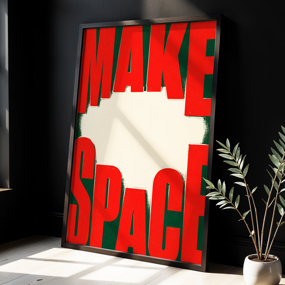 Make Space, Make Impact, red, green, beige minimalist wall art displayed in a styled interior, gallery view 3