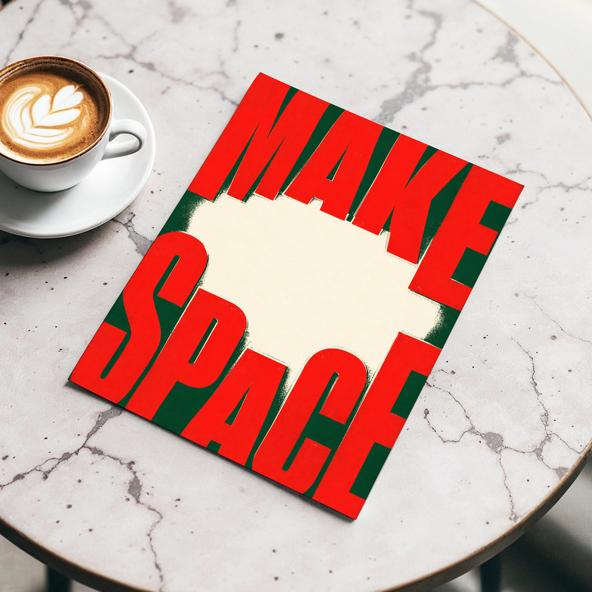 Make Space, Make Impact, red, green, beige minimalist wall art displayed in a styled interior, gallery view 4