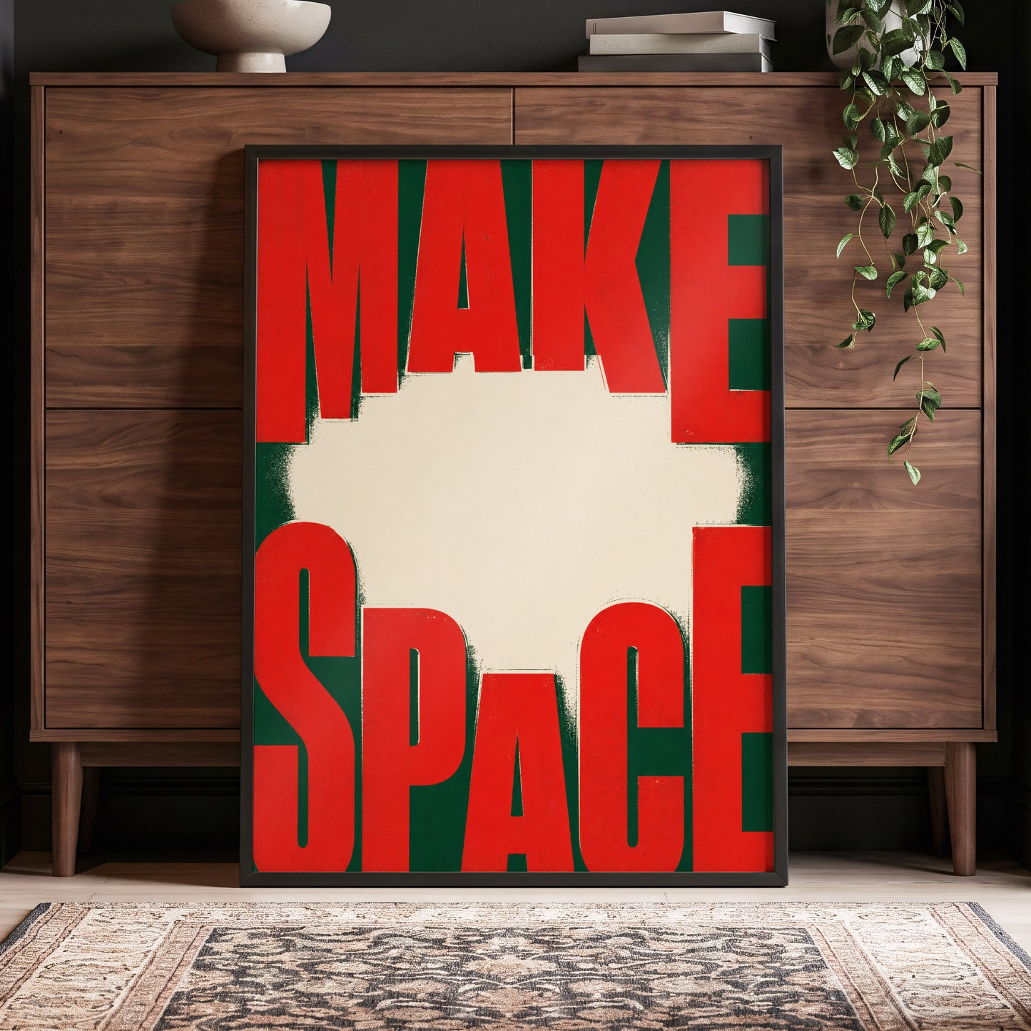 Make Space, Make Impact, red, green, beige minimalist wall art displayed in a styled interior, gallery view 5