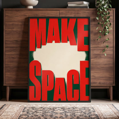 Make Space, Make Impact, red, green, beige minimalist wall art displayed in a styled interior, gallery view 5