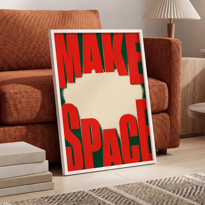 Make Space, Make Impact, red, green, beige minimalist wall art displayed in a styled interior, gallery view 6