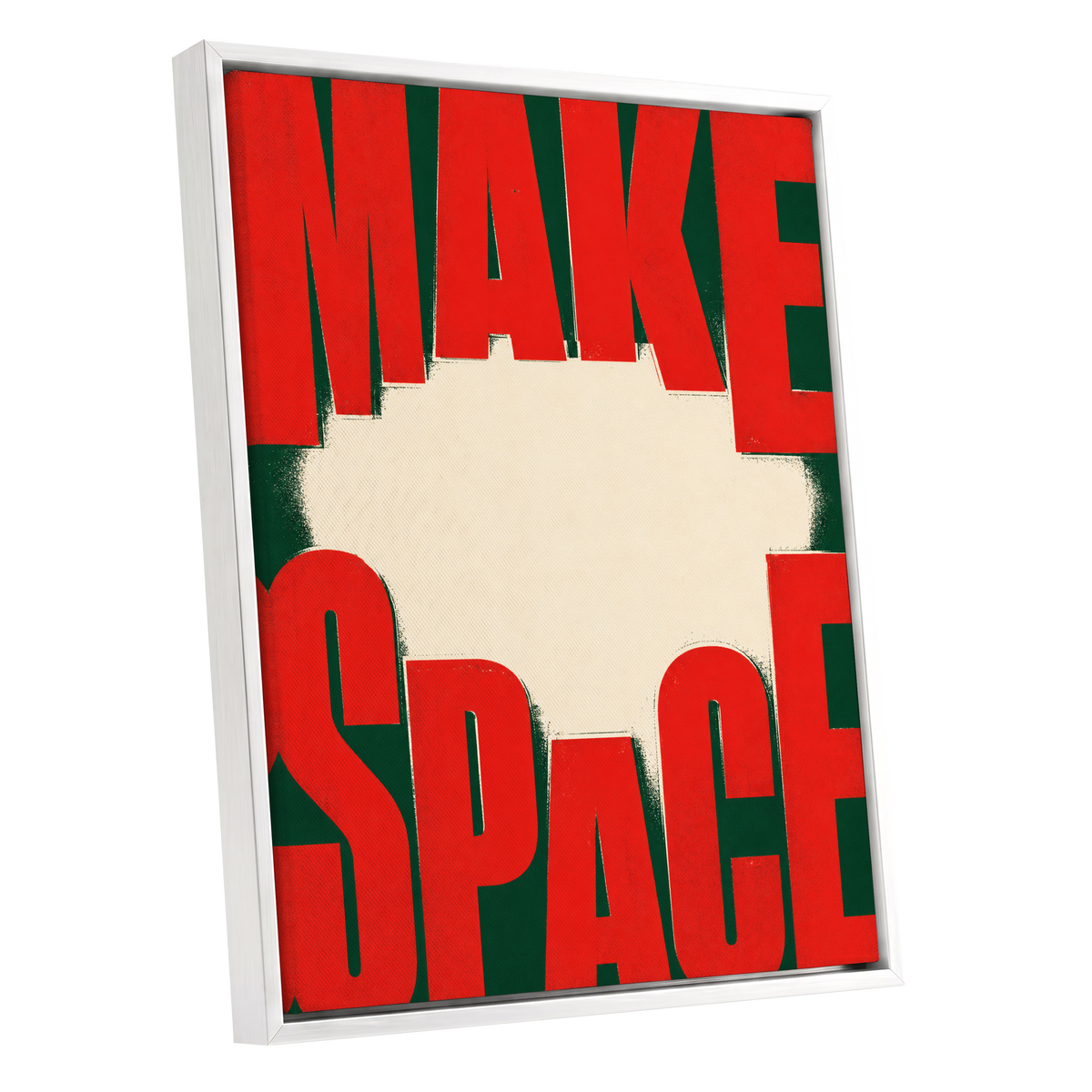 Make Space, Make Impact, red, green, beige minimalist wall art shown as a white framed canvas wall art