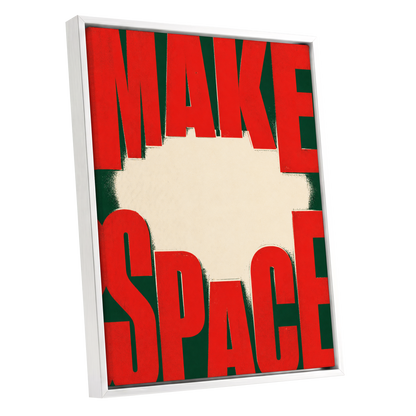 Make Space, Make Impact, red, green, beige minimalist wall art shown as a white framed canvas wall art