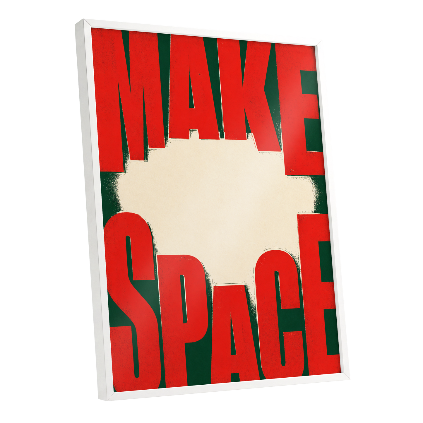 Make Space, Make Impact, red, green, beige minimalist wall art shown as a white framed poster wall art print