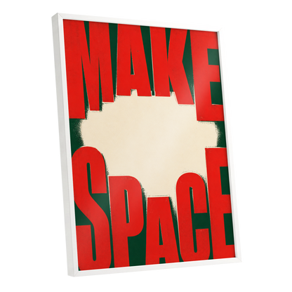 Make Space, Make Impact, red, green, beige minimalist wall art shown as a white framed poster wall art print