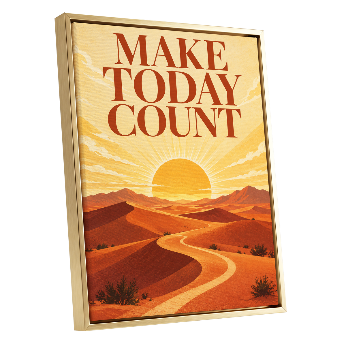 Make Today Golden, orange, yellow, red nature wall art shown as a gold framed canvas wall art