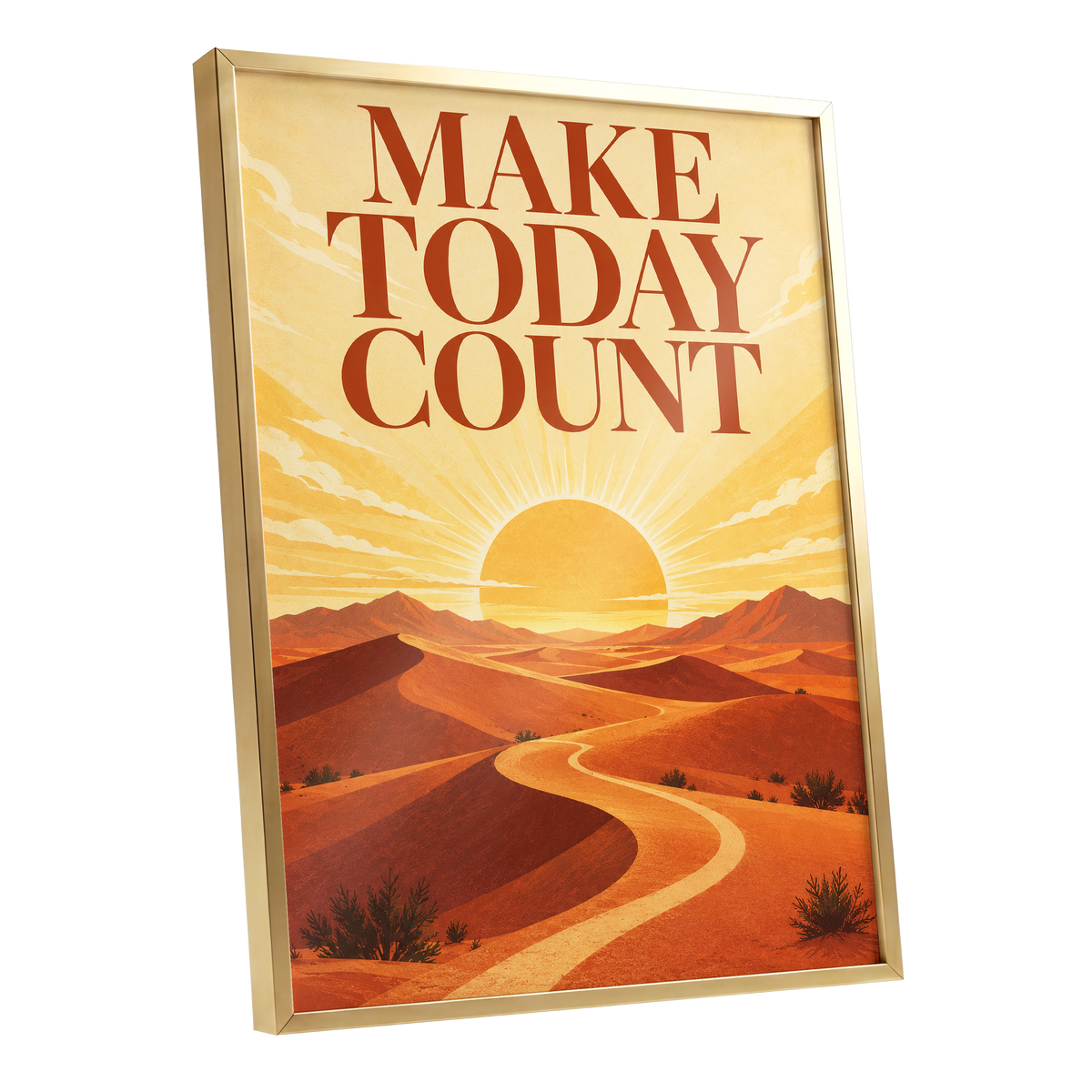 Make Today Golden, orange, yellow, red nature wall art shown as a gold framed poster wall art print