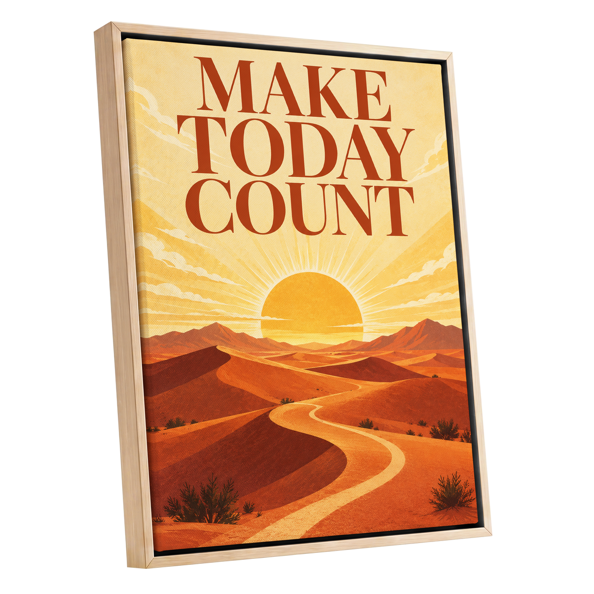 Make Today Golden, orange, yellow, red nature wall art shown as a oak framed canvas wall art