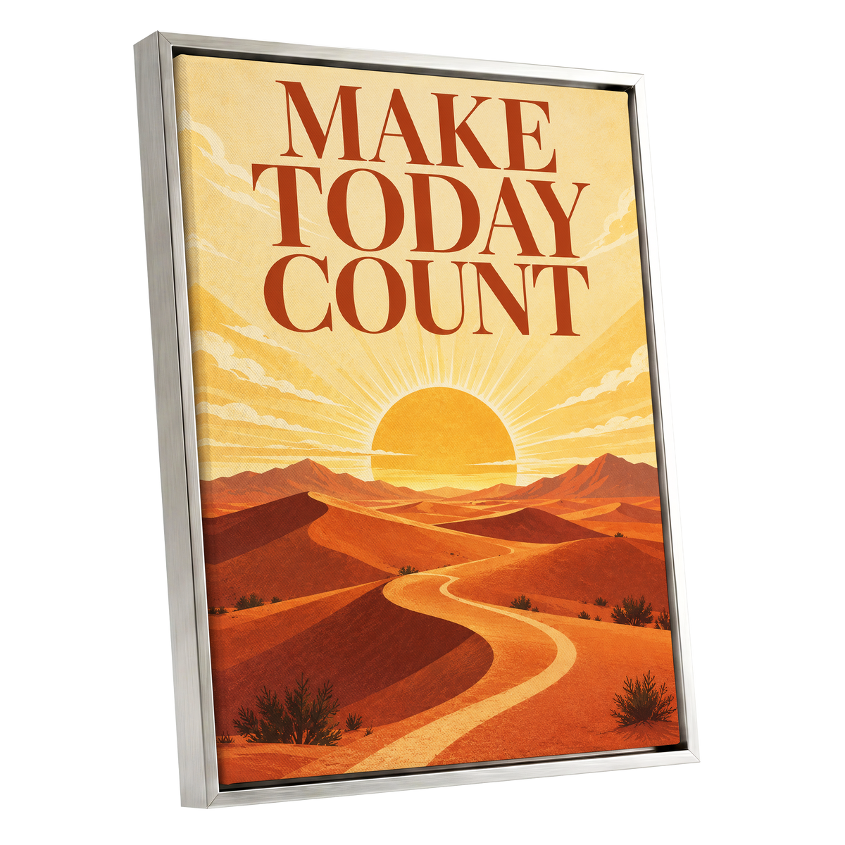 Make Today Golden, orange, yellow, red nature wall art shown as a silver framed canvas wall art