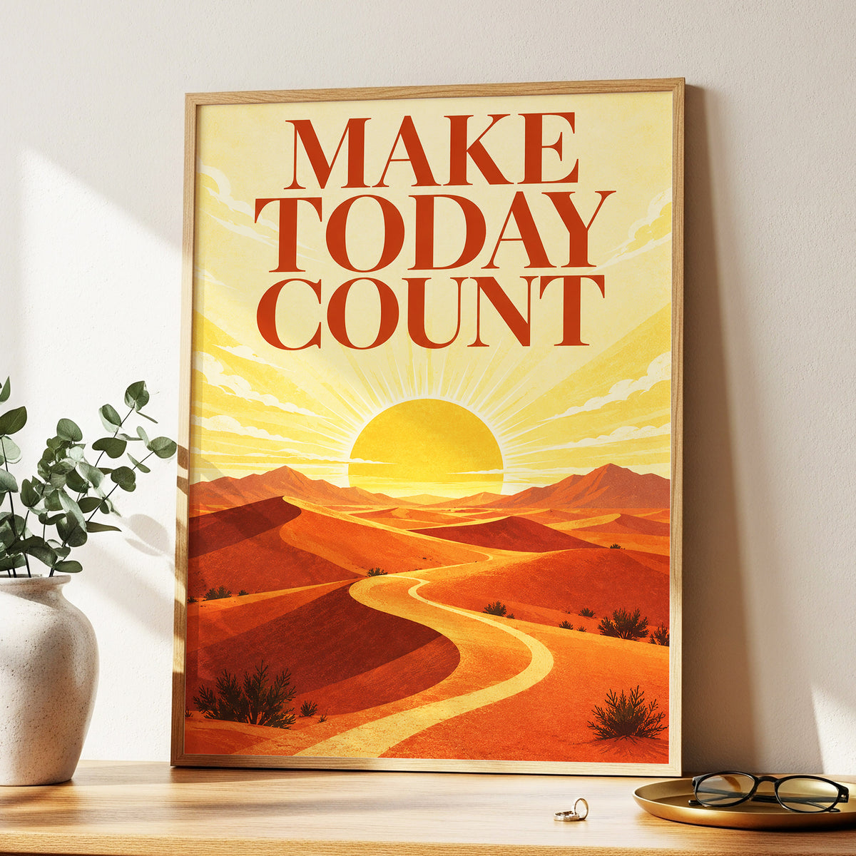 Make Today Golden, orange, yellow, red nature wall art displayed in a styled interior, gallery view 2