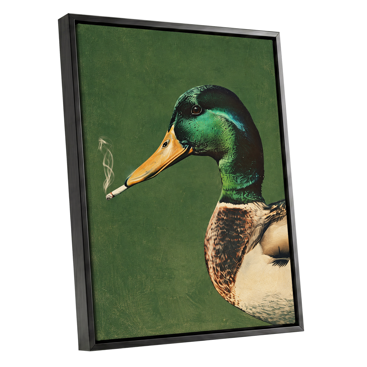 Mallard After Hours, green, black, beige nature wall art shown as a black framed canvas wall art