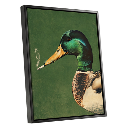 Mallard After Hours, green, black, beige nature wall art shown as a black framed canvas wall art
