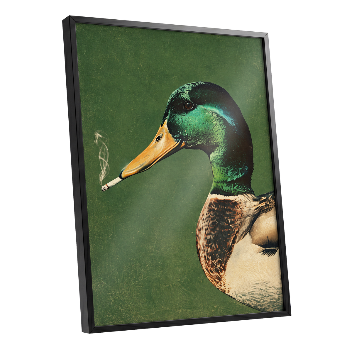 Mallard After Hours, green, black, beige nature wall art shown as a black framed poster wall art print