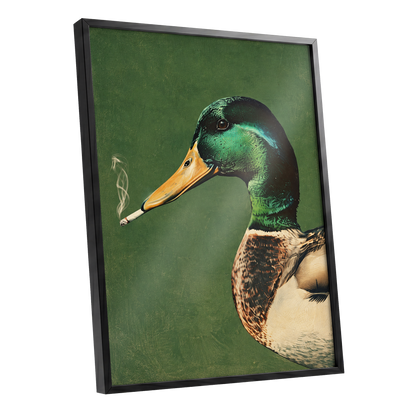 Mallard After Hours, green, black, beige nature wall art shown as a black framed poster wall art print