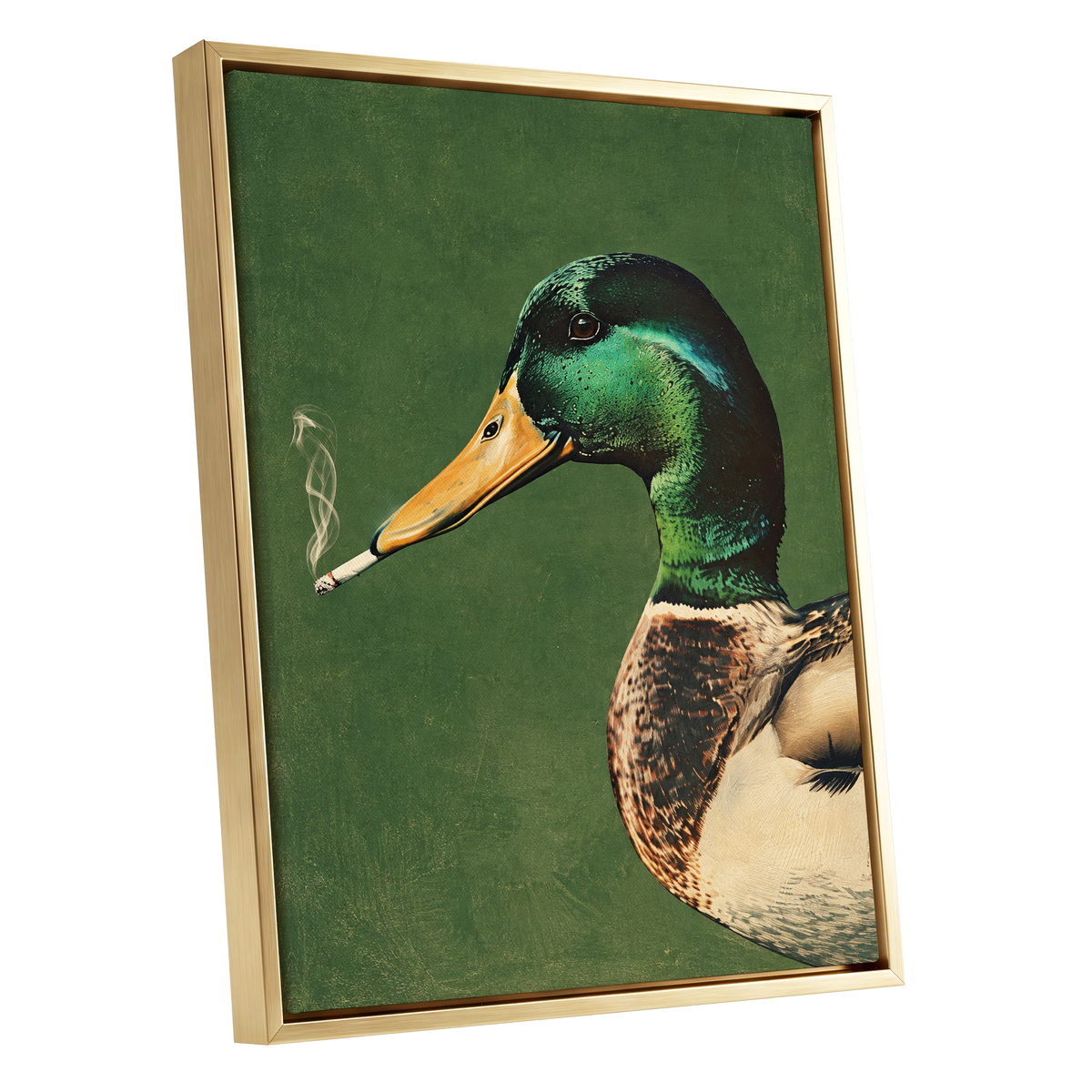 Mallard After Hours, green, black, beige nature wall art shown as a gold framed canvas wall art