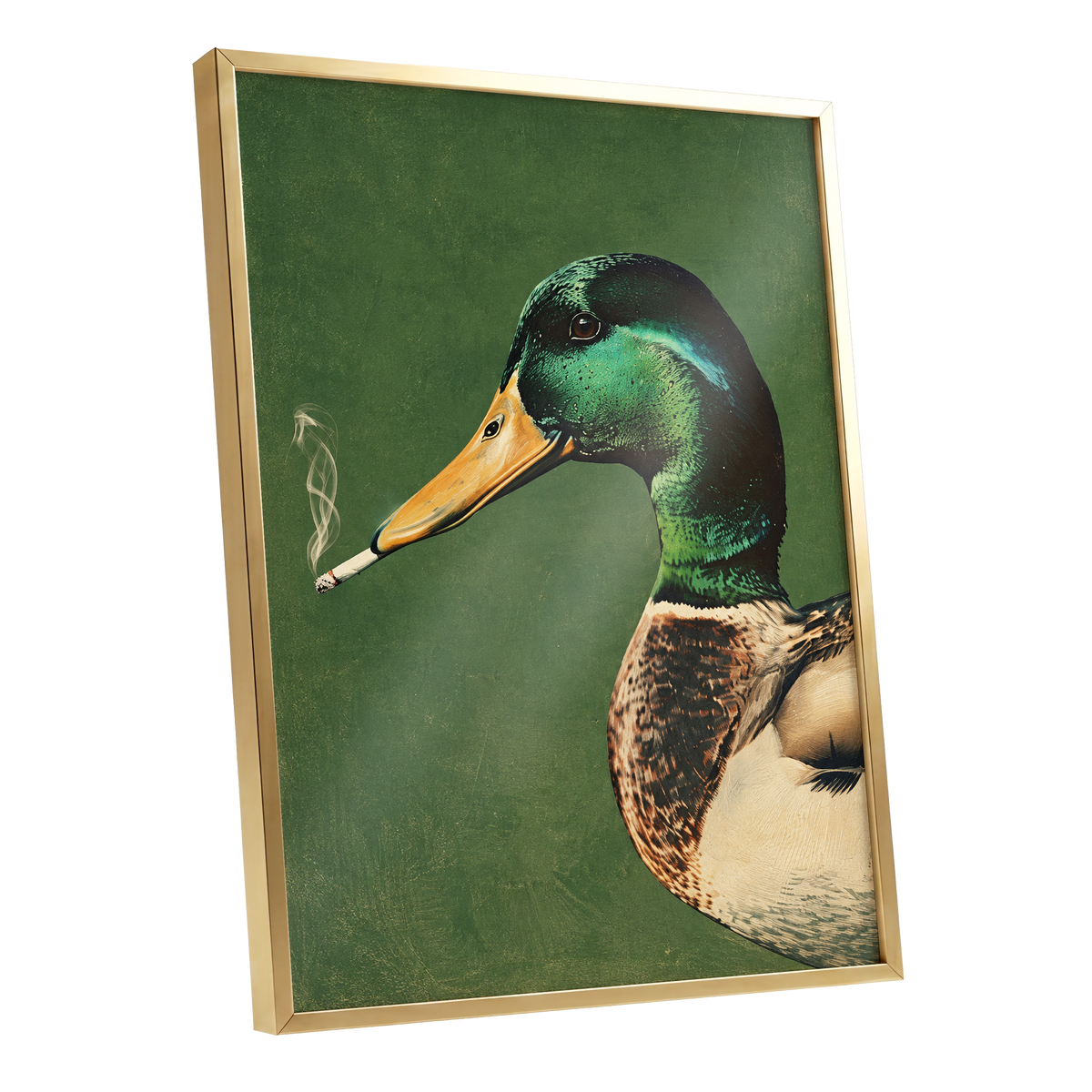 Mallard After Hours, green, black, beige nature wall art shown as a gold framed poster wall art print