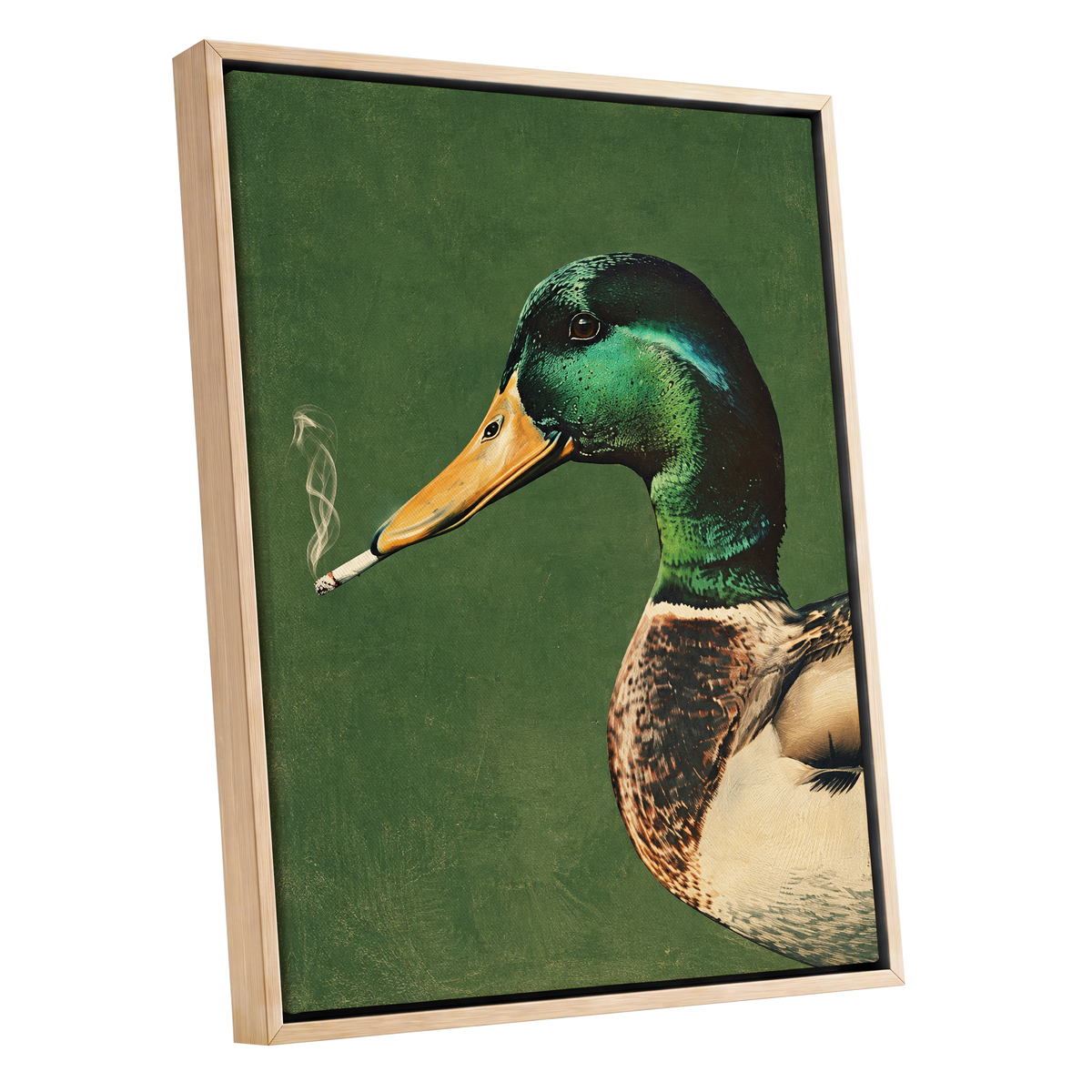 Mallard After Hours, green, black, beige nature wall art shown as a oak framed canvas wall art