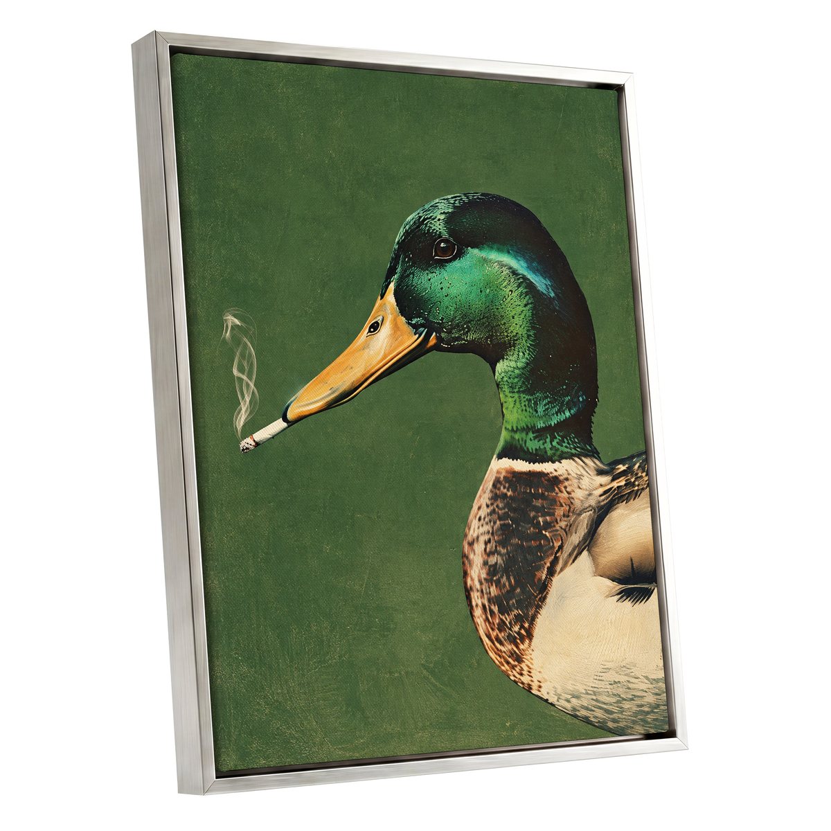 Mallard After Hours, green, black, beige nature wall art shown as a silver framed canvas wall art