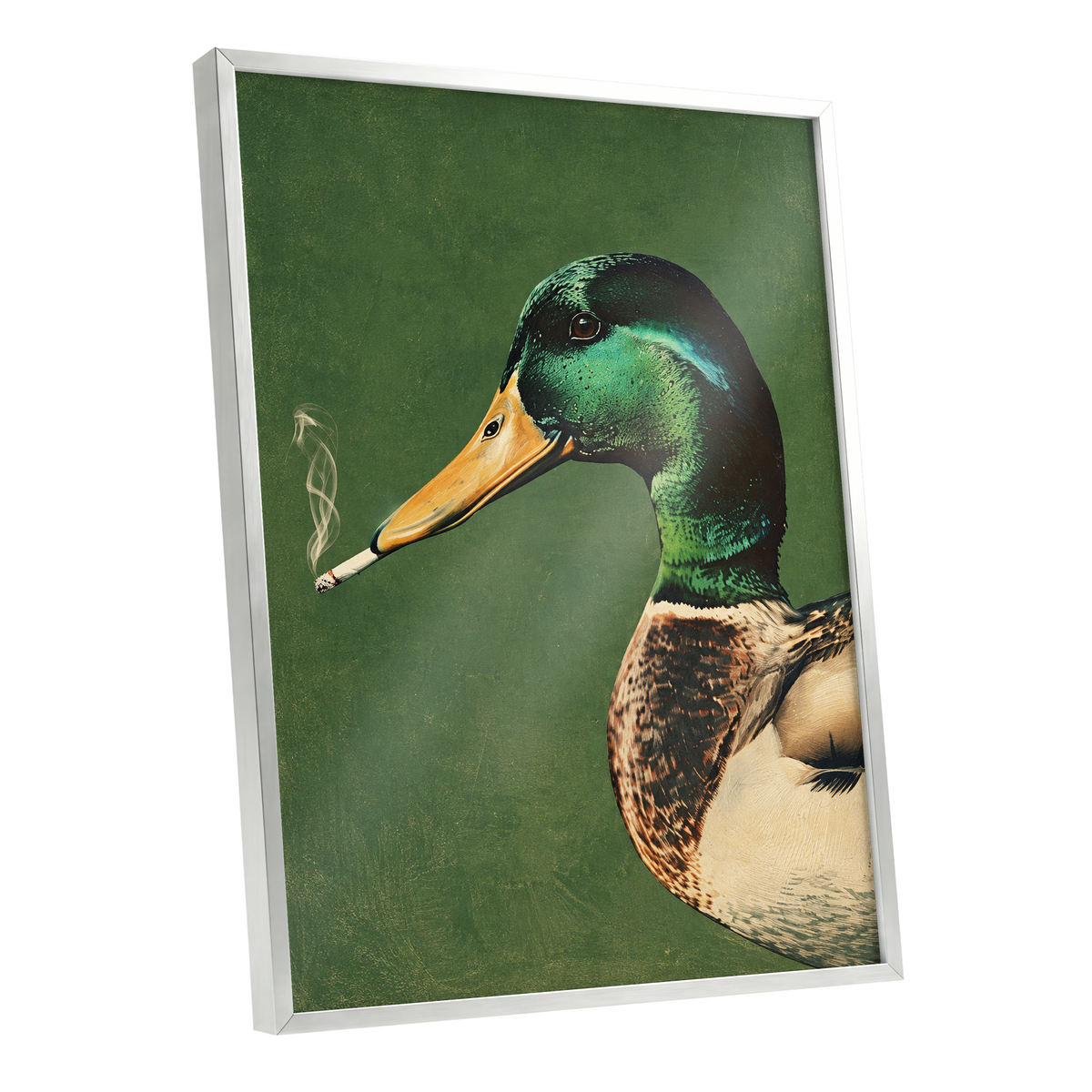 Mallard After Hours, green, black, beige nature wall art shown as a silver framed poster wall art print