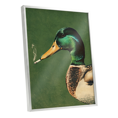 Mallard After Hours, green, black, beige nature wall art shown as a silver framed poster wall art print