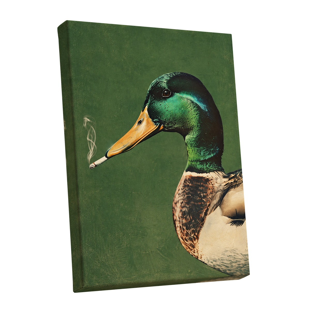 Mallard After Hours, green, black, beige nature wall art shown as a stretched canvas wall art