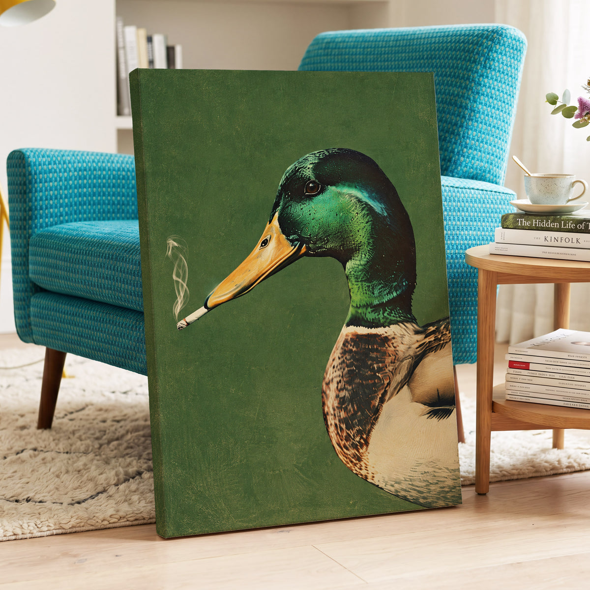 Mallard After Hours, green, black, beige nature wall art displayed in a styled interior, gallery view 3