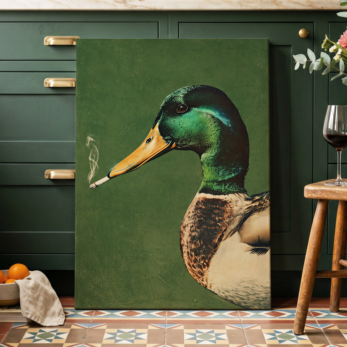Mallard After Hours, green, black, beige nature wall art displayed in a styled interior, gallery view 7
