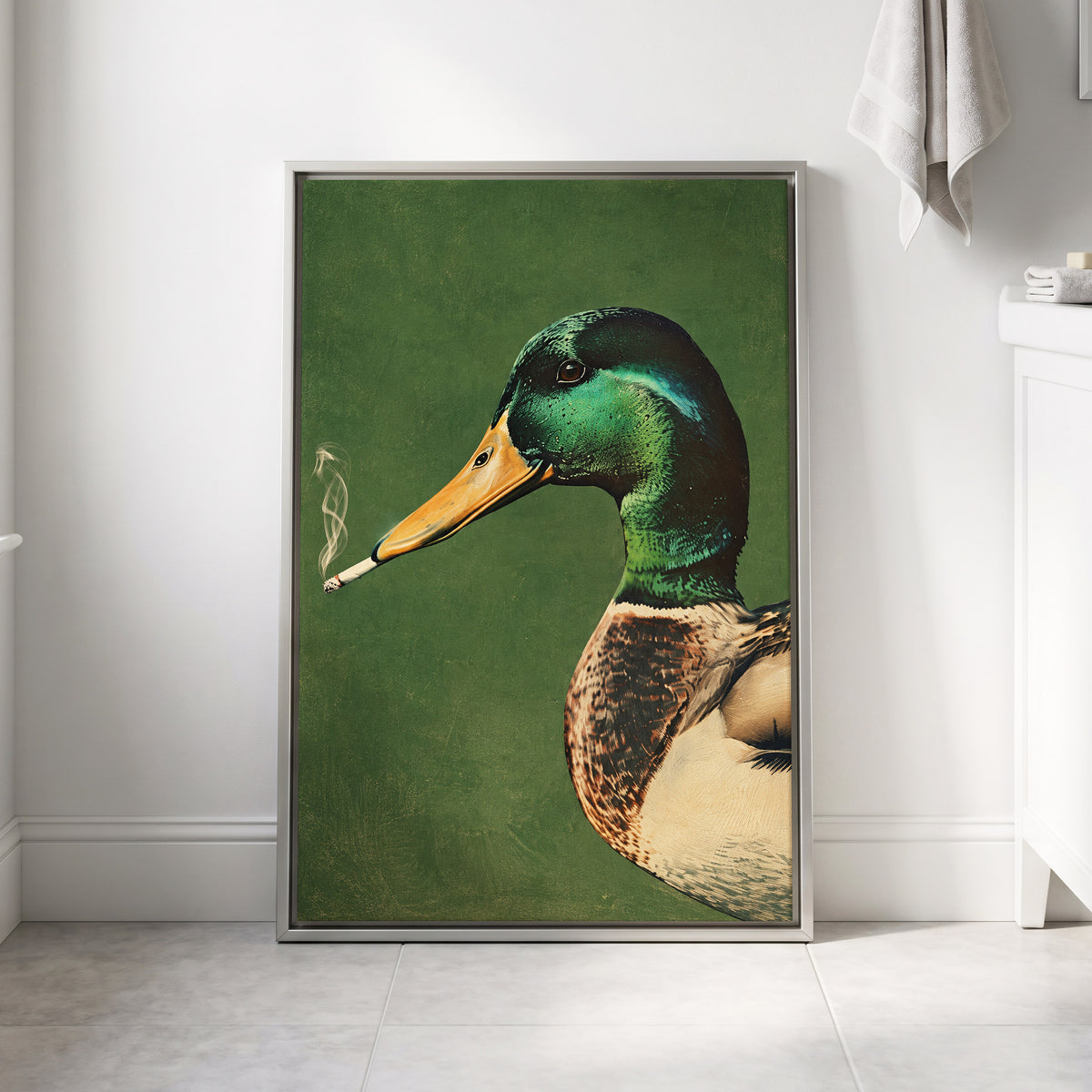 Mallard After Hours, green, black, beige nature wall art displayed in a styled interior, gallery view 8