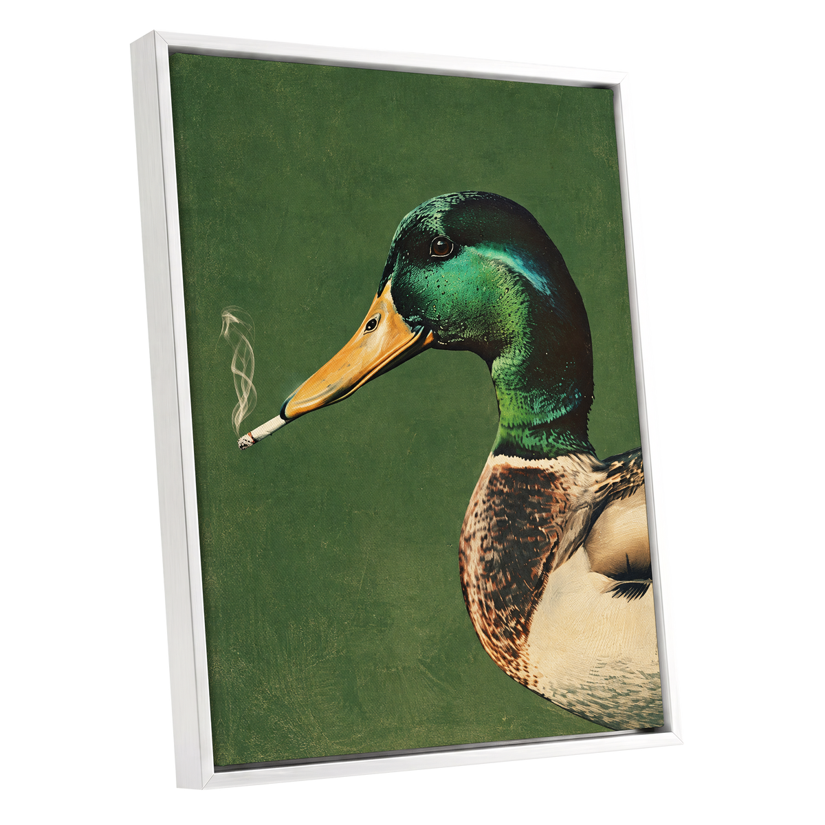 Mallard After Hours, green, black, beige nature wall art shown as a white framed canvas wall art