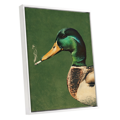 Mallard After Hours, green, black, beige nature wall art shown as a white framed canvas wall art