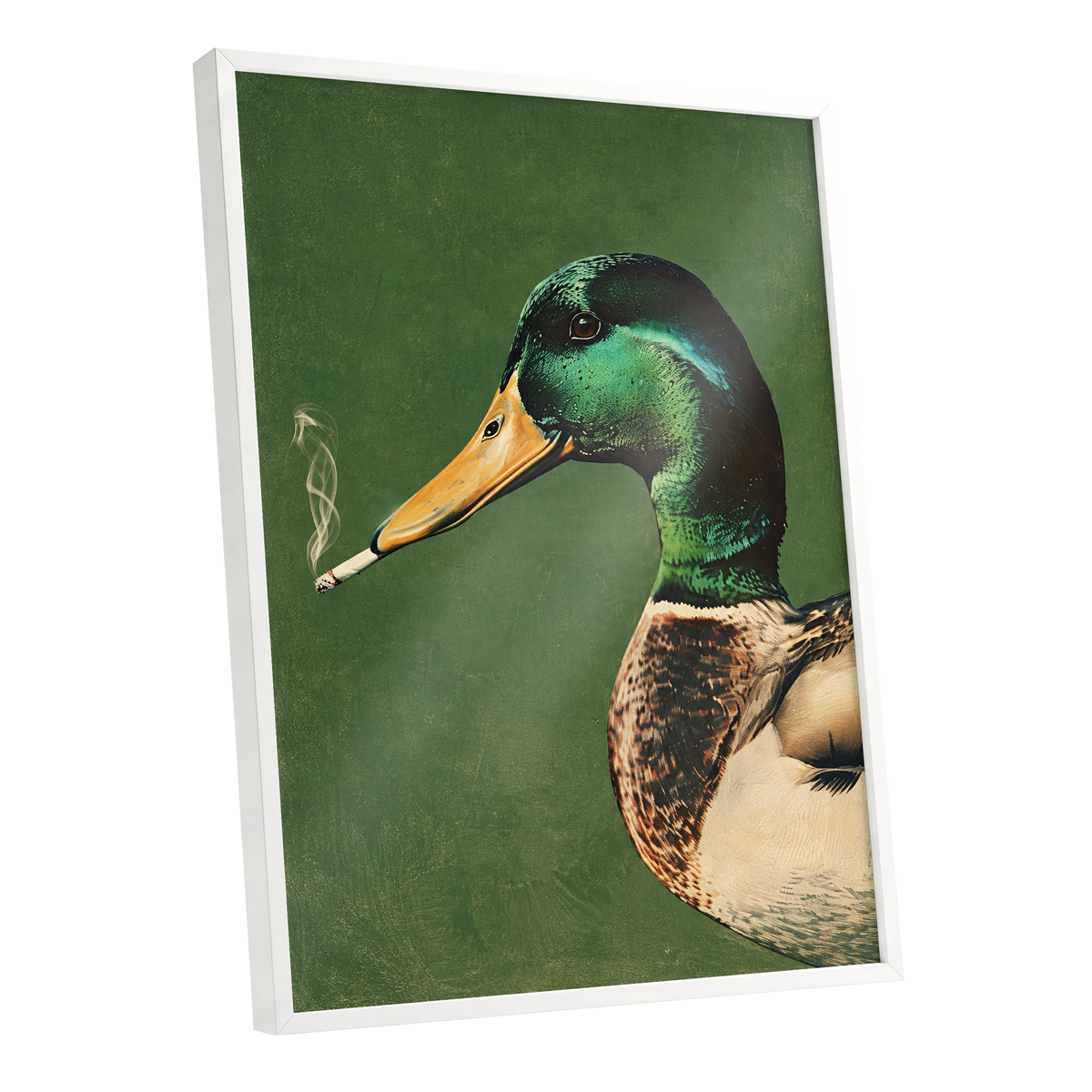 Mallard After Hours, green, black, beige nature wall art shown as a white framed poster wall art print