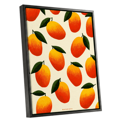 Mango Rhythm, orange, red, yellow nature wall art shown as a black framed canvas wall art