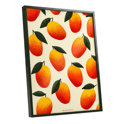Mango Rhythm, orange, red, yellow nature wall art shown as a black framed poster wall art print