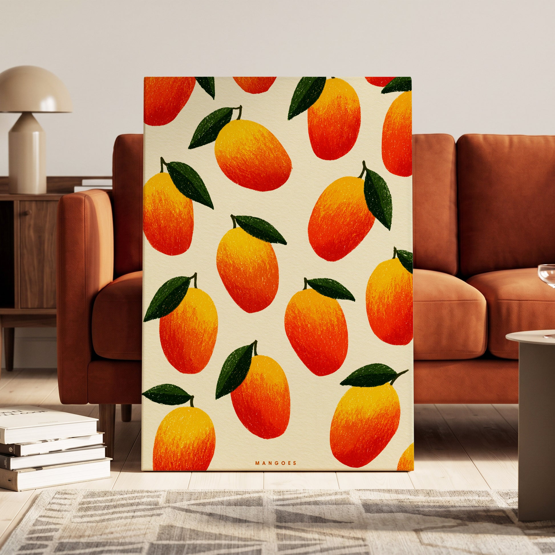 Mango Rhythm, orange, red, yellow nature wall art on canvas displayed in a styled interior, gallery view 1